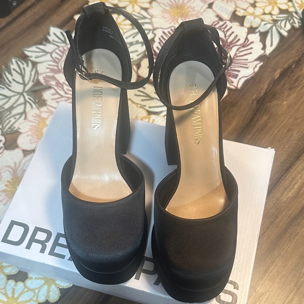 Dream Pairs Black Satin Ankle Strap Heels